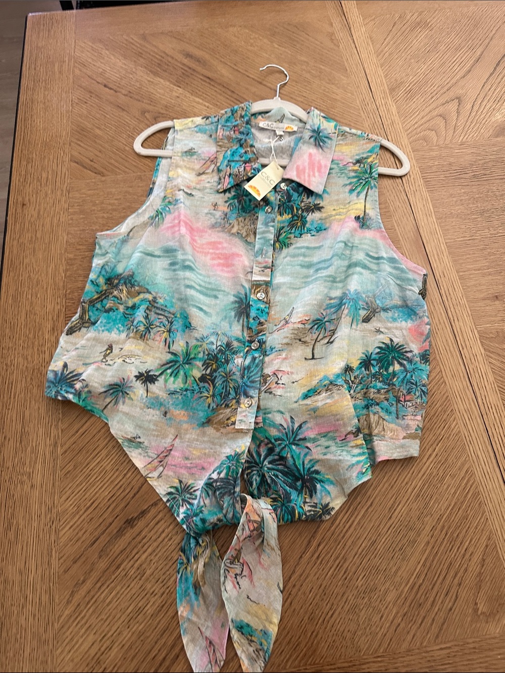 C&C California Multicolor Tropical Tie-Front Sleeveless Button-Down